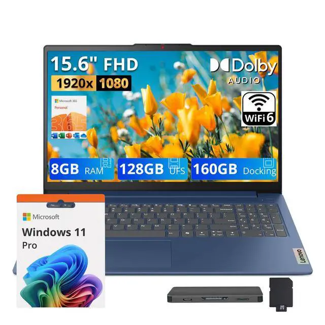 Main image of Lenovo IdeaPad Slim 3 15.6" Anti-Glare FHD Laptop, Intel N150, Intel Graphics, 8GB RAM, 288GB Storage(128GB UFS+160GB Docking Station Set), Microsoft 365, Num Pad, Long Battery Life, Win11 Pro, Blue