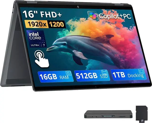 Main image of HP OmniBook X Flip 16" 2K Touchscreen 2-in-1 AI Laptop, Intel Core Ultra 7 256V, 16GB LPDDR5X, 1.5TB Storage (512GB SSD+1TB Docking Station), Intel Arc 140V, Backlit Keyboard, Win 11, Gray
