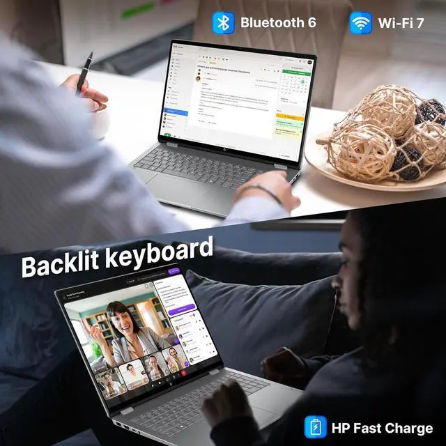 Alt view image 5 of 7 - HP OmniBook X Flip 2-in-1 Copilot+ PC Laptop, 16" FHD+ OLED Touchscreen, AMD Ryzen AI 9 465, 32GB LPDDR5X, 1.5TB Storage (512GB SSD+1TB Docking Station), Backlit Keyboard, Wi-Fi 7, Win 11 Pro, Silver