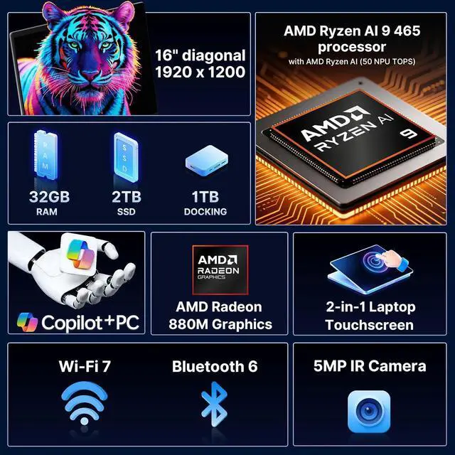 Alt view image 3 of 7 - HP OmniBook X Flip 2-in-1 Copilot+ PC Laptop, 16" FHD+ OLED Touchscreen, AMD Ryzen AI 9 465, 32GB LPDDR5X, 3TB Storage (2TB SSD+1TB Docking Station), Backlit Keyboard, Wi-Fi 7, Win 11 Pro, Silver