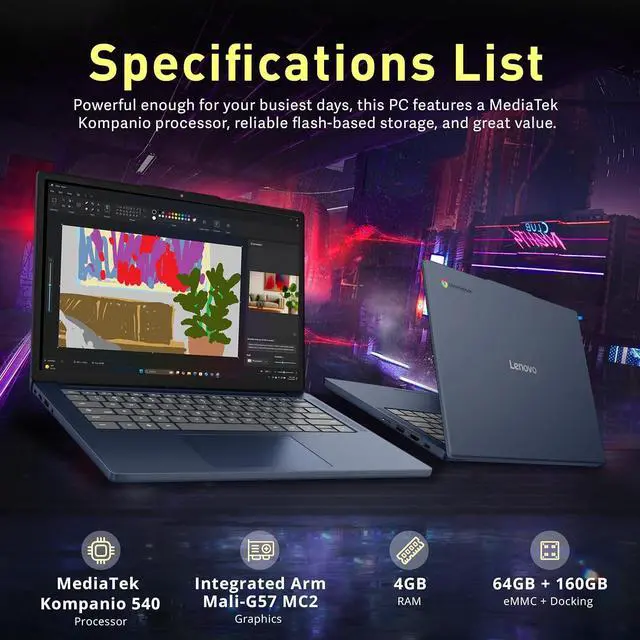 Alt view image 3 of 7 - Lenovo IdeaPad Slim 3 14" 2K Touch Chromebook, MediaTek Kompanio 540, 4GB LPDDR5X, 224GB Storage (64GB eMMC+160GB Docking), ARM Mali-G57 MC2 Graphics, 720p Webcam, Wi-Fi 6E, Chrome OS, Blue