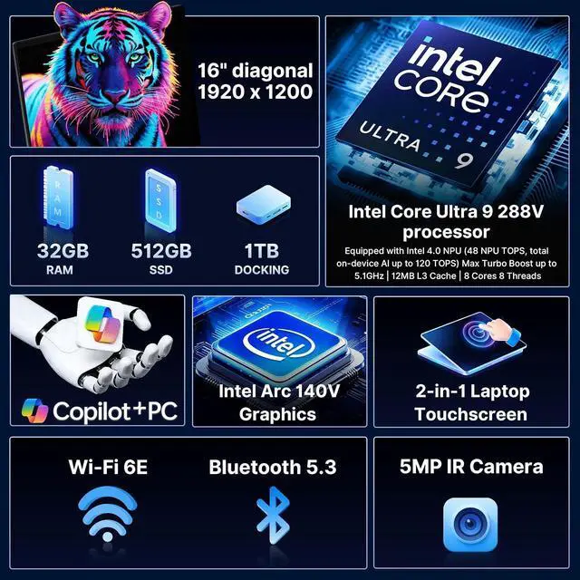 Alt view image 3 of 7 - HP OmniBook X Flip 2-in-1 16" 2K Touchscreen Laptop, Intel Ultra 9 288V, 32GB LPDDR5X, 1.5TB Storage (512GB SSD+1TB Docking Station), Intel Arc 140V, Backlit Keyboard, Copilot+ PC, Win 11, Gray