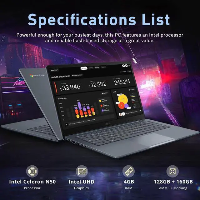 Alt view image 3 of 7 - ASUS CX14 14" FHD Chromebook Laptop, Intel Celeron N50 Processor,4GB Memory, 288GB Storage(128GB eMMC+160GB Docking Station Set), Intel UHD GPU, WiFi 6, 720p HD Camera, Chrome OS,Dusk Gray