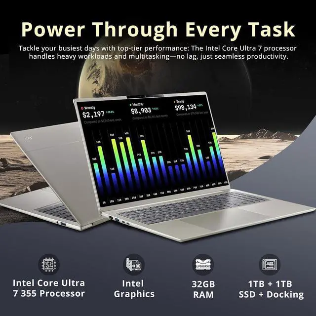 Alt view image 3 of 7 - Acer Swift Go 16 AI 16" 2K Touchscreen Laptop, Intel Core Ultra 7 355, 32GB RAM, 2TB Storage (1TB SSD+1TB Docking Station), Intel Graphics, Backlit Keyboard, Wi-Fi 7, Copilot+ PC, Win 11 Pro, Silver
