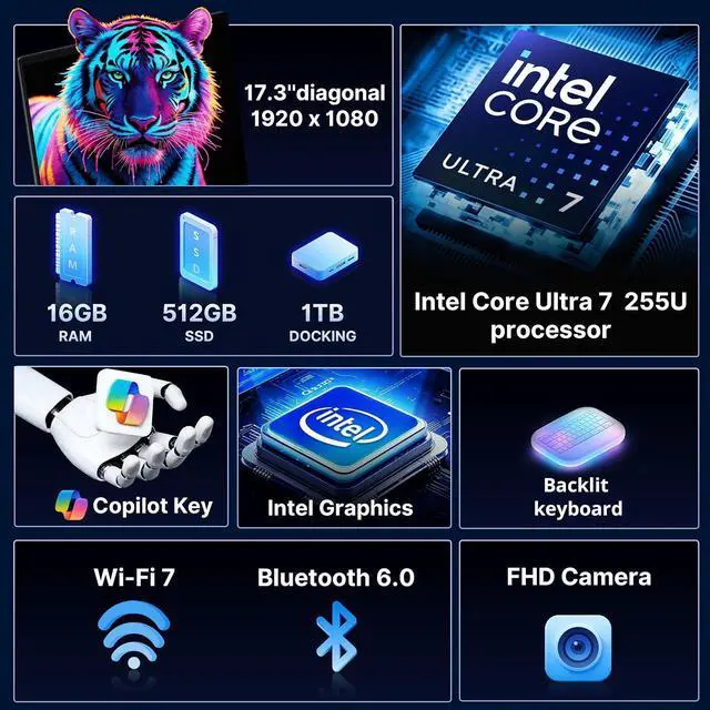 Alt view image 3 of 7 - HP OmniBook 3 17.3" FHD IPS Laptop, Intel Core Ultra 7 255U, 16GB DDR5, 1.5TB Storage (512GB SSD+1TB Docking Station), Copilot+ PC, Intel Graphics, Backlit Keyboard, Wi-Fi 7, Win 11 Pro, Mica Silver
