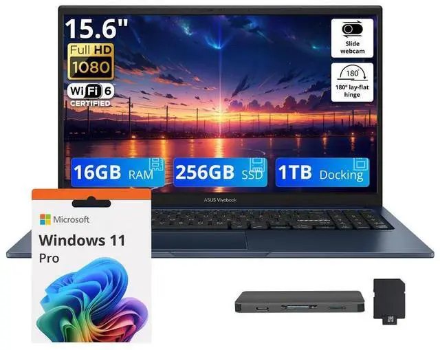 Main image of ASUS Vivobook 15.6" FHD Laptop, Intel Core 3 100U, 16GB DDR5, 1.25TB Storage (256GB SSD + 1TB Docking Station Set), Intel Graphics, Number Pad, 720p Webcam, Wi-Fi 6, Win11 Pro, Quiet Blue