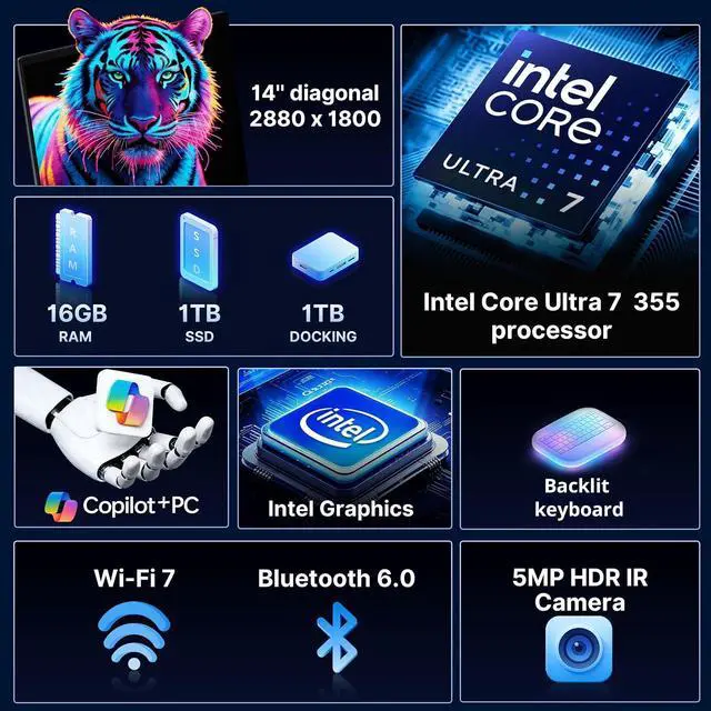 Alt view image 3 of 7 - HP OmniBook X 14" 3K OLED Touch Laptop, Intel Core Ultra 7 355, 16GB LPDDR5X, 2TB Storage (1TB SSD+1TB Docking Station), Copilot+ PC, Backlit Keyboard, IR Camera, Wi-Fi 7, Win 11, Silver