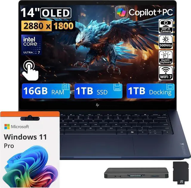 Main image of HP OmniBook X 14" 3K OLED Touch Laptop, Intel Core Ultra 7 355, 16GB LPDDR5X, 2TB Storage (1TB SSD+1TB Docking Station), Copilot+ PC, Backlit Keyboard, IR Camera, Wi-Fi 7, Win 11 Pro, Silver