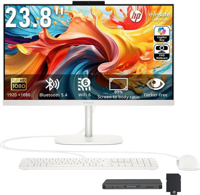 Main image of HP OmniStudio 23.8" FHD All-in-One Desktop, Intel N150 Processor, 8GB DDR5, 288GB Storage (128GB UFS+160GB Docking Station Set), Intel Graphics, Keyboard & Mouse, Win 11, White
