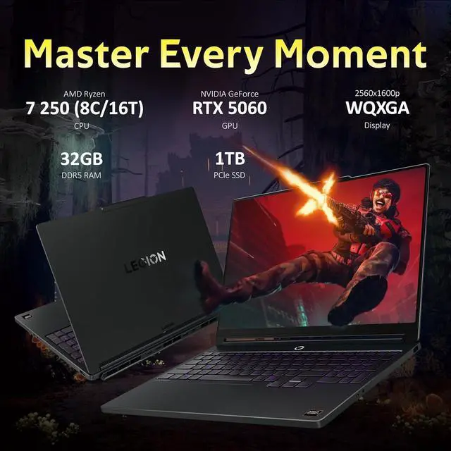 Alt view image 3 of 7 - Lenovo Legion 15.3" WQXGA 165Hz Gaming Laptop,AMD Ryzen 7 250,32GB DDR5,1TB SSD+1TB Docking Station,NVIDIA GeForce RTX 5060 8GB GDDR7,1-Zone RGB Backlit,Win 11,Eclipse Black