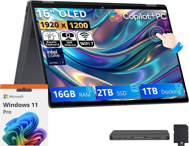 Main image of HP OmniBook X Flip 16" 2K OLED 2-in-1 AI Laptop,Intel Core Ultra 7 355,16GB LPDDR5x,2TB SSD+1TB Dock Set,Intel graphics,Backlit Keyboard,Win 11 Pro,Gray