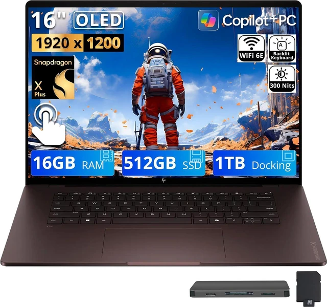 Main image of HP OmniBook X 16" 2K OLED Touch Laptop, Snapdragon X Plus X1P-42-100, 16GB RAM, 1.5TB Storage (512GB SSD+1TB Docking Station), Adreno Graphics, Copilot+ PC, Backlit, Win 11, Deep Espresso