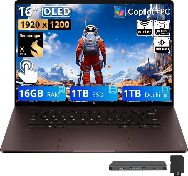 Main image of HP OmniBook X 16" 2K OLED Touch Laptop, Snapdragon X Plus X1P-42-100, 16GB RAM, 2TB Storage (1TB SSD+1TB Docking Station), Adreno Graphics, Copilot+ PC, Backlit, Win 11, Deep Espresso