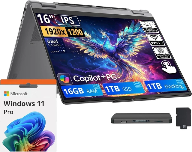 Main image of Lenovo Yoga 7i 2-in-1 16" 2K IPS Touchscreen Laptop, Intel Core Ultra 7 355, 16GB RAM, 2TB Storage (1TB SSD+1TB Docking Station), Copilot+ PC, Backlit Keyboard, Fingerprint, Win 11 Pro, Luna Grey