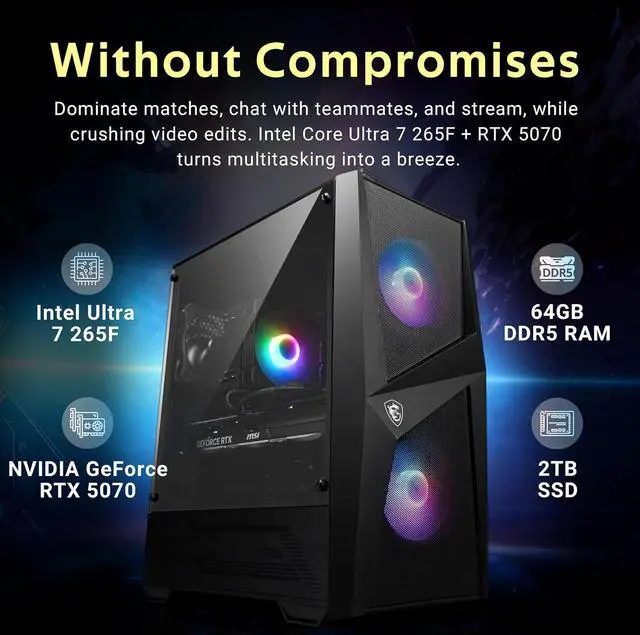 Alt view image 3 of 7 - msi Codex R2 AI Gaming Desktop, Intel Core Ultra 7 265F, NVIDIA GeForce RTX 5070 12GB GDDR7, 64GB DDR5, 3TB Storage (2TB SSD+1TB Docking Station Set), Keyboard & Mouse, Wi-Fi 6E, Win 11 Pro, Black