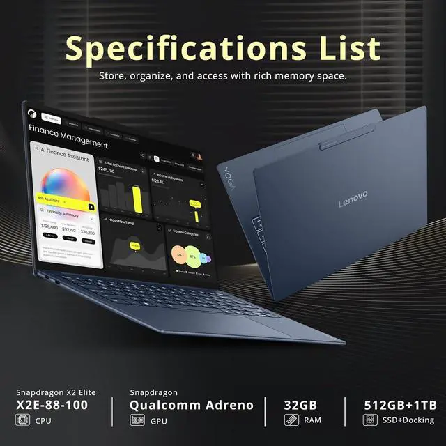 Alt view image 3 of 7 - Lenovo Yoga Slim 7X 14'' 2K OLED Touchscreen Copilot+ PC Laptop, Snapdragon X2 Elite X2E-88-100, 32GB LPDDR5X, 1.5TB Storage (512GB SSD+1TB Docking Station), Backlit Keyboard, Win 11, Cosmic Blue
