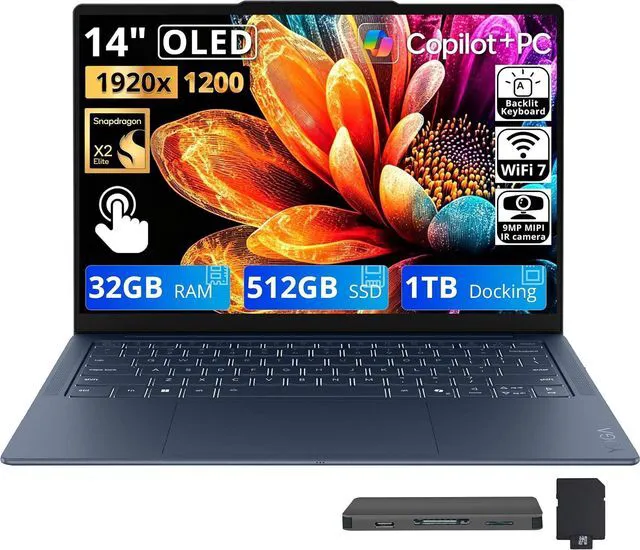 Main image of Lenovo Yoga Slim 7X 14'' 2K OLED Touchscreen Copilot+ PC Laptop, Snapdragon X2 Elite X2E-88-100, 32GB LPDDR5X, 1.5TB Storage (512GB SSD+1TB Docking Station), Backlit Keyboard, Win 11, Cosmic Blue