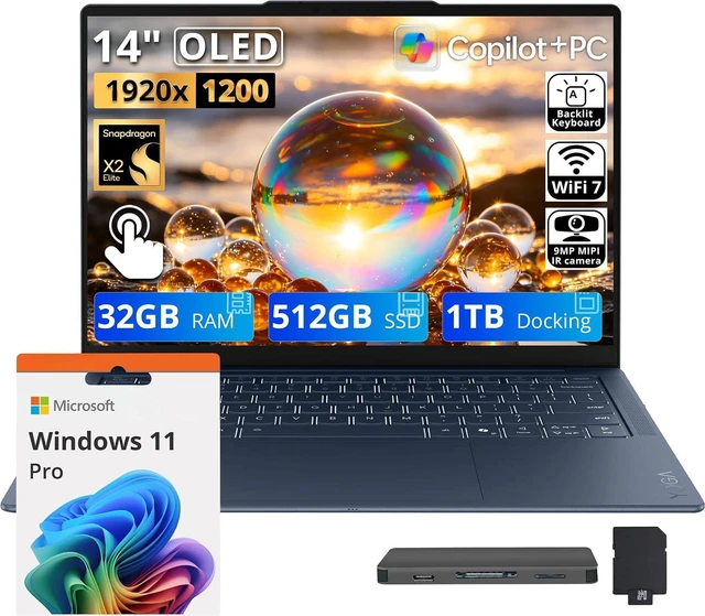Main image of Lenovo Yoga Slim 7X 14'' WUXGA OLED Touch AI Laptop, Snapdragon X2 Elite X2E-88-100, 32GB LPDDR5X, 1.5TB Storage (512GB SSD+1TB Docking Station), Backlit Keyboard, Wi-Fi 7, Win 11 Pro, Cosmic Blue