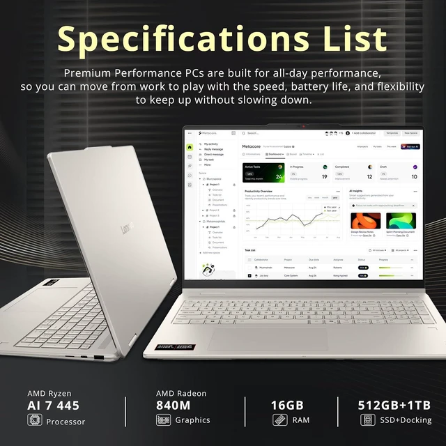 Alt view image 3 of 7 - Lenovo Yoga 7a 2-in-1 16" WUXGA Touchscreen Laptop, AMD Ryzen AI 7 445, 16GB LPDDR5X, 1.5TB Storage (512GB SSD+1TB Docking Station), AMD Radeon 840M, Backlit Keyboard, Fingerprint, Win 11, Seashell