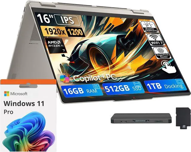 Main image of Lenovo Yoga 7a 2-in-1 Laptop, 16" WUXGA Touchscreen Display, AMD Ryzen AI 7 445, 16GB LPDDR5X, 1.5TB Storage (512GB SSD+1TB Docking Station), Backlit Keyboard, Fingerprint Reader, Win 11 Pro, Seashell