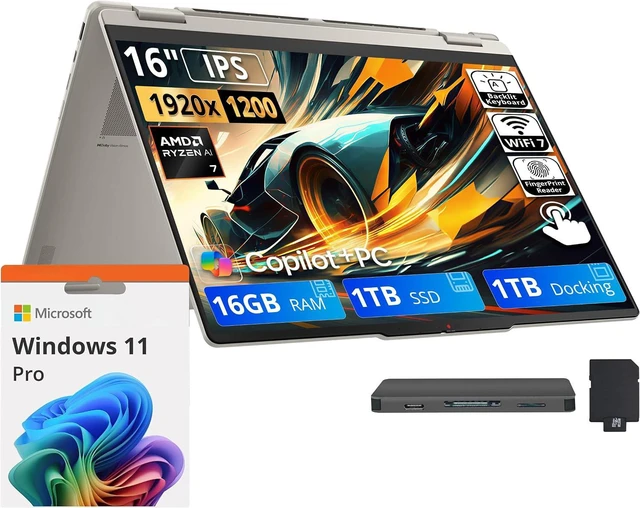 Main image of Lenovo Yoga 7a 2-in-1 Laptop, 16" WUXGA Touchscreen Display, AMD Ryzen AI 7 445, 16GB LPDDR5X, 2TB Storage (1TB SSD+1TB Docking Station), Backlit Keyboard, Fingerprint Reader, Win 11 Pro, Seashell