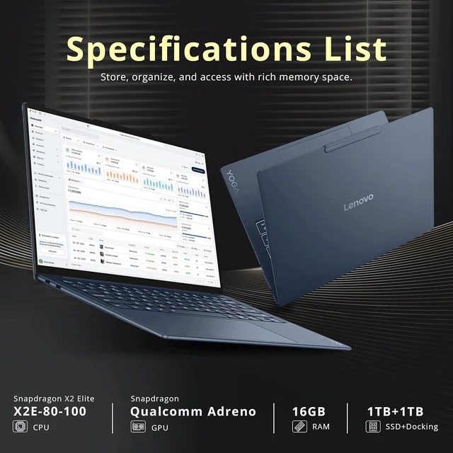 Alt view image 3 of 7 - Lenovo Yoga Slim 7X 14'' WUXGA Touch Copilot+ PC Laptop, Snapdragon X2E-80-100, 16GB LPDDR5X, 2TB Storage(1TB SSD+1TB Docking Station), Qualcomm Adreno, Backlit, Wi-Fi 7, Win 11, Cosmic Blue