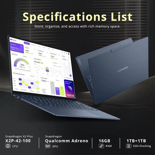Alt view image 3 of 7 - Lenovo Yoga Slim 7x 14" 2K OLED Touch Laptop, Snapdragon X2 Plus X2P-42-100, 16GB LPDDR5X, 2TB Storage (1TB SSD+1TB Docking Station), Qualcomm Adreno, Backlit Keyboard, Windows 11 Pro, Cosmic Blue