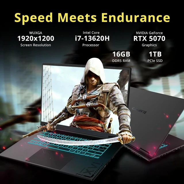 Alt view image 3 of 7 - GIGABYTE A16 16" WUXGA 165Hz Gaming Laptop, Intel Core i7-13620H, GeForce RTX 5070 8GB GDDR7, 16GB RAM, 2TB Storage (1TB SSD+1TB Docking Station Set), RGB Backlit Keyboard, Win 11, Black Steel