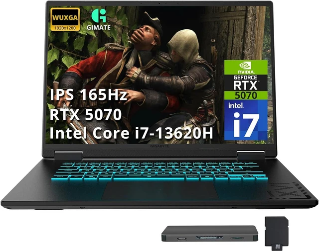 Main image of GIGABYTE A16 16" WUXGA 165Hz Gaming Laptop, Intel Core i7-13620H, GeForce RTX 5070 8GB GDDR7, 16GB RAM, 2TB Storage (1TB SSD+1TB Docking Station Set), RGB Backlit Keyboard, Win 11, Black Steel
