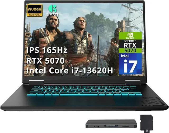 Main image of GIGABYTE A16 16" WUXGA 165Hz Gaming Laptop, Intel Core i7-13620H, GeForce RTX 5070 8GB GDDR7, 16GB RAM, 2TB Storage (1TB SSD+1TB Docking Station Set), RGB Backlit Keyboard, Win 11 Pro, Black Steel