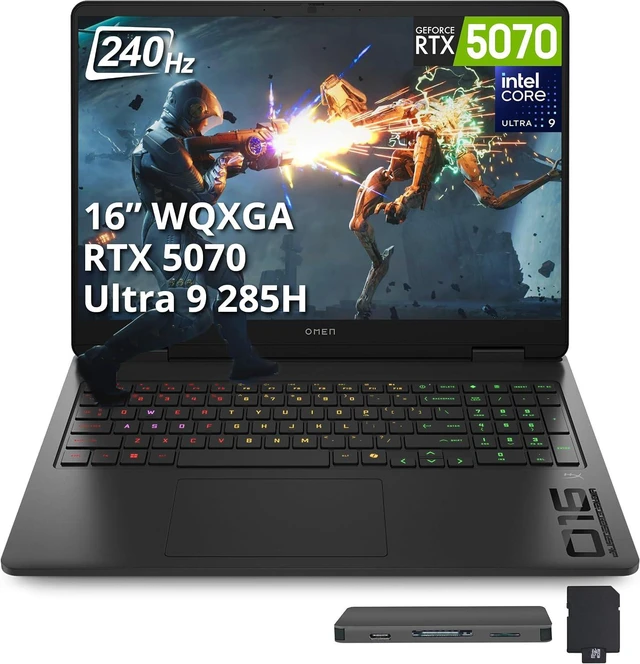 Main image of HP OMEN Slim 16 16" WQXGA IPS 240Hz Gaming Laptop, Intel Core Ultra 9 285H, GeForce RTX 5070 8GB, 16GB DDR5, 2TB Storage (1TB SSD+1TB Docking Station Set), Backlit, Wi-Fi 6, Win 11, Black