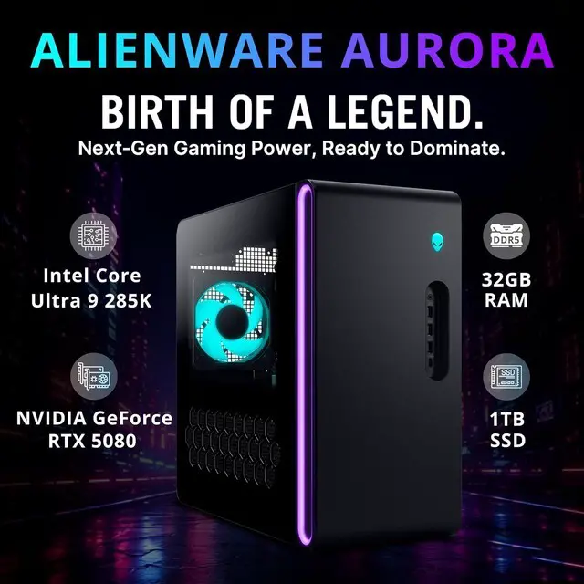 Alt view image 3 of 7 - Dell Alienware Aurora Gaming Desktop, Intel Core Ultra 9 285K, NVIDIA GeForce RTX 5080 16GB GDDR7, 32GB DDR5, 2TB Storage (1TB SSD+1TB Docking Station Set), Keyboard & Mouse, Wi-Fi 7, Win 11, Black