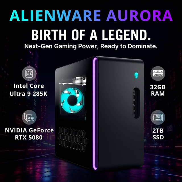Alt view image 3 of 7 - Dell Alienware Aurora Gaming Desktop, Intel Core Ultra 9 285K, NVIDIA GeForce RTX 5080 16GB GDDR7, 32GB DDR5, 3TB Storage (2TB SSD+1TB Docking Station), Keyboard & Mouse, Wi-Fi 7, Win 11 Pro, Black