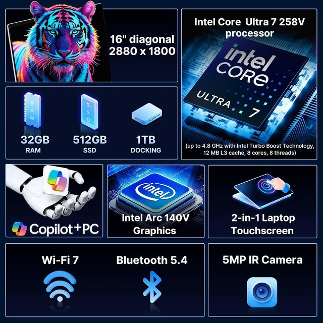 Alt view image 3 of 7 - HP OmniBook 7 Flip 16" 3K 2-in-1 Touch Laptop, Intel Ultra 7 258V, 32GB RAM, 1.5TB Storage(512GB SSD+1TB Docking Station), Intel Arc 140V, Copilot+ PC, Backlit Keyboard, Stylus Pen, Win 11 Pro, Silver