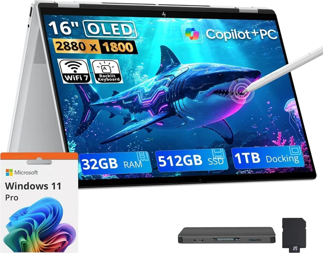 Main image of HP OmniBook 7 Flip 16" 3K 2-in-1 Touch Laptop, Intel Ultra 7 258V, 32GB RAM, 1.5TB Storage(512GB SSD+1TB Docking Station), Intel Arc 140V, Copilot+ PC, Backlit Keyboard, Stylus Pen, Win 11 Pro, Silver