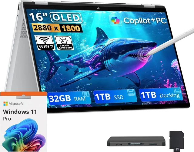 Main image of HP OmniBook 7 Flip 16" 3K 2-in-1 Touch Laptop, Intel Ultra 7 258V, 32GB RAM, 2TB Storage(1TB SSD+1TB Docking Station), Intel Arc 140V, Copilot+ PC, Backlit Keyboard, Stylus Pen, Win 11 Pro, Silver