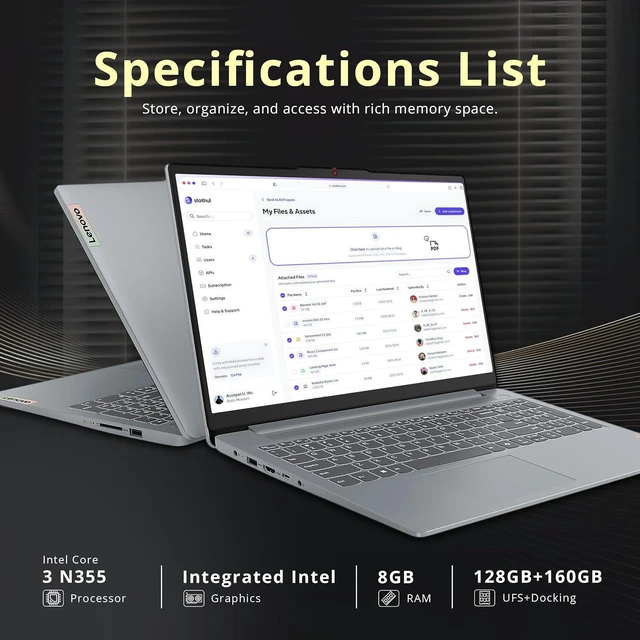 Alt view image 3 of 7 - Lenovo IdeaPad Slim 3i 15.6" FHD Laptop, Intel Core 3 N355, 8GB LPDDR5 RAM, 288GB Storage (128GB UFS+160GB Dock), Intel Graphics, Wi-Fi 6, Camera Privacy Shutter, Win 11, Arctic Grey