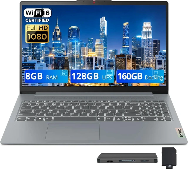 Main image of Lenovo IdeaPad Slim 3i Business Laptop, 15.6" FHD Anti-Glare Display, Intel Core i3-N305, 8GB LPDDR5 RAM, 288GB Storage(128GB UFS+160GB Docking Set), Intel UHD Graphics, WiFi 6, Win 11, Gray