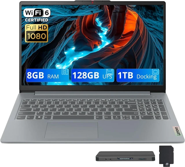 Main image of Lenovo IdeaPad Slim 3i 15.6" FHD Laptop, Intel Core i3-N305, 8GB LPDDR5, 1.12TB Storage(128GB UFS+1TB Docking Station), Intel UHD Graphics, Numeric Keypad, WiFi 6, Windows 11 Home, Grey