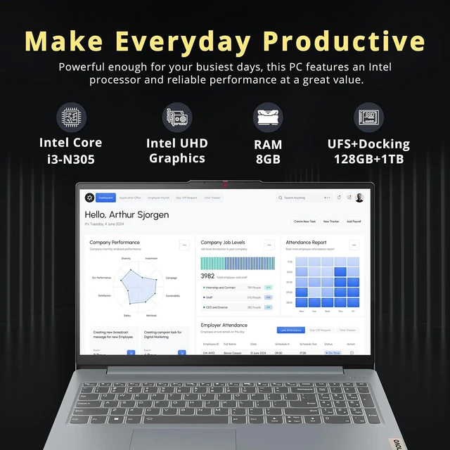 Alt view image 3 of 7 - Lenovo IdeaPad Slim 3i 15.6" FHD Anti-Glare Business Laptop, Intel Core i3-N305, 8GB LPDDR5 RAM, 1.12TB Storage(128GB UFS+1TB Docking Station), Intel UHD Graphics, WiFi 6, Win 11 Pro, Gray