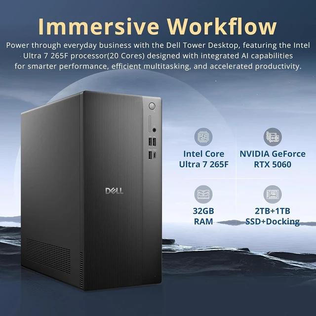 Alt view image 3 of 7 - Dell ECT 1250 Tower Desktop, Intel Core Ultra 7 265F, 32GB DDR5, 3TB Storage (2TB SSD+1TB Docking Station Set), NVIDIA GeForce RTX 5060, Keyboard & Mouse, Wi-Fi 6, Win 11, Black