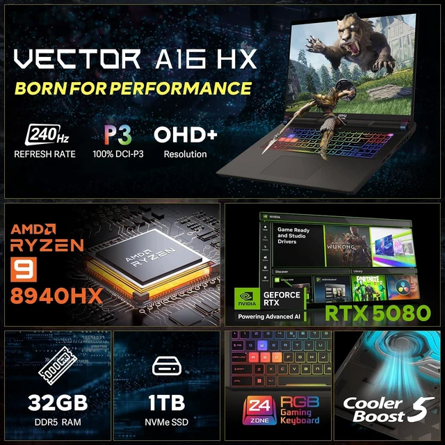 Alt view image 3 of 7 - msi Vector A16 16" QHD+ 240Hz Gaming Laptop,AMD Ryzen 9 8940HX,NVIDIA GeForce RTX 5080,32GB DDR5,2TB Storage(1TB SSD+1TB Docking Station Set),24-Zone RGB Backlit Keyboard,Win 11,Cosmo Gray