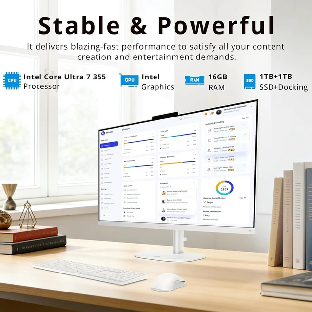 Alt view image 3 of 7 - HP OmniStudio 27" FHD IPS Touchscreen All-in-One Desktop AI PC, Intel Core Ultra 7 355, 16GB RAM, 2TB Storage (1TB SSD+1TB Docking Station Set), Keyboard & Mouse, FHD Camera, Wi-Fi 7, Win 11, White