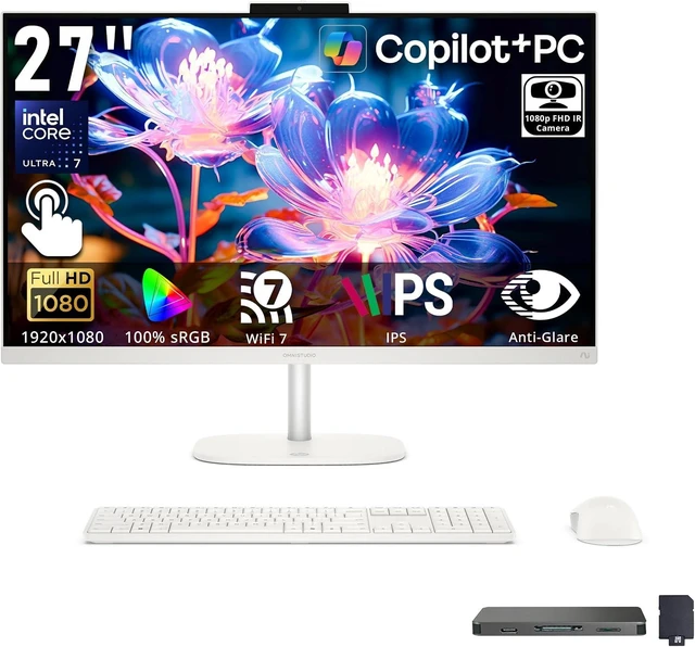 Main image of HP OmniStudio 27" FHD IPS Touchscreen All-in-One Desktop AI PC, Intel Core Ultra 7 355, 64GB RAM, 5TB Storage (4TB SSD+1TB Docking Station Set), Keyboard & Mouse, FHD Camera, Wi-Fi 7, Win 11, White