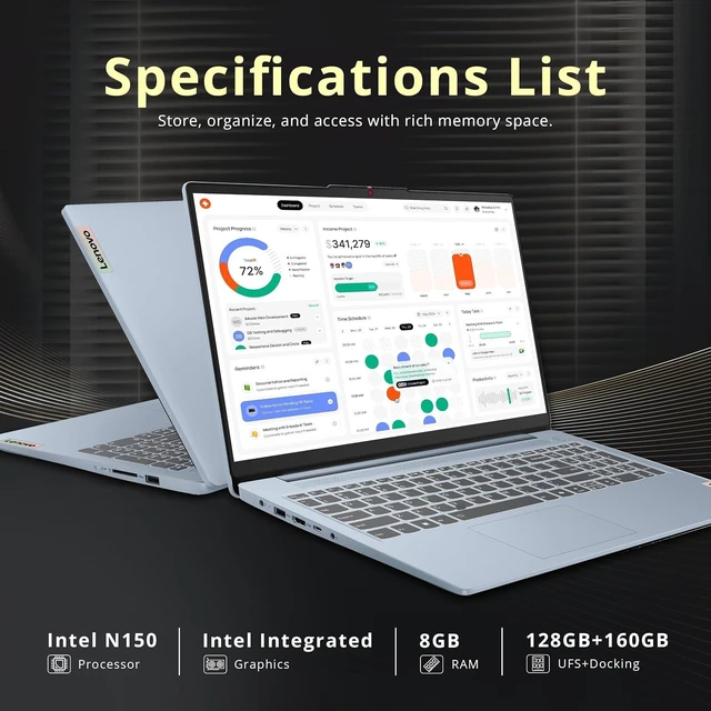 Alt view image 3 of 7 - Lenovo IdeaPad Slim 3i 15.6" Full HD Laptop, Intel Processor N150, 8GB LPDDR5 RAM, 288GB Storage(128GB UFS+160GB Docking Station), Wi-Fi 6, 720p HD Privacy Webcam, Copilot, Win 11 Home, Frost Blue