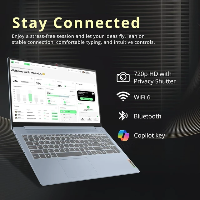 Alt view image 4 of 7 - Lenovo IdeaPad Slim 3i 15.6" Full HD Laptop, Intel Processor N150, 8GB LPDDR5 RAM, 288GB Storage(128GB UFS+160GB Docking Station), Wi-Fi 6, 720p HD Privacy Webcam, Copilot, Win 11 Home, Frost Blue