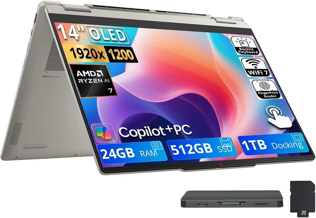 Main image of Lenovo Yoga 7a 2-in-1 14" WUXGA OLED Touch Laptop, AMD Ryzen AI 7 445, 24GB LPDDR5X, 1.5TB Storage (512GB SSD+1TB Docking Station), Copilot+ PC, Backlit, Fingerprint Reader, Win 11, Seashell