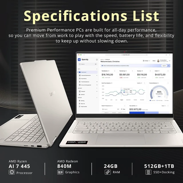Alt view image 3 of 7 - Lenovo Yoga 7a 2-in-1 14" WUXGA OLED Touch Laptop, AMD Ryzen AI 7 445, 24GB LPDDR5X, 1.5TB Storage (512GB SSD+1TB Docking Station), Copilot+ PC, Backlit, Fingerprint Reader, Win 11, Seashell