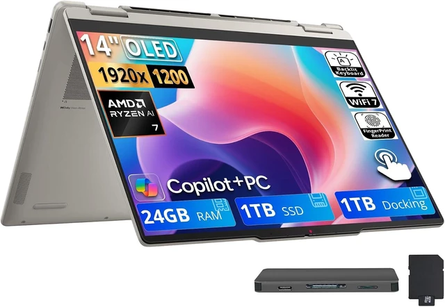 Main image of Lenovo Yoga 7a 2-in-1 14" WUXGA OLED Touch Laptop, AMD Ryzen AI 7 445, 24GB LPDDR5X, 2TB Storage (1TB SSD+1TB Docking Station), Copilot+ PC, Backlit, Fingerprint Reader, Win 11, Seashell