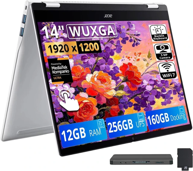 Main image of Acer Chromebook Plus Spin 514 14" 2-in-1 WUXGA Touch Laptop, MediaTek Kompanio Ultra 910, 12GB LPDDR5X, 416GB Storage(256GB UFS+160GB Docking Station Set), Backlit Keyboard, Chrome OS, Platinum Silver